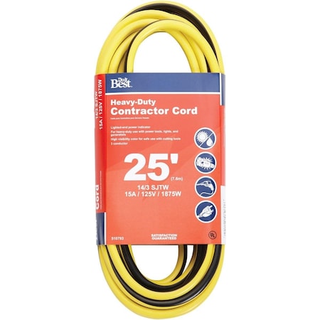 All-Source SJTW Extension Cord, 14 AWG, Outdoor, 14/3, 1 Outlets, Black/Yellow, 25 ft OU-JTW143-25-YLWS